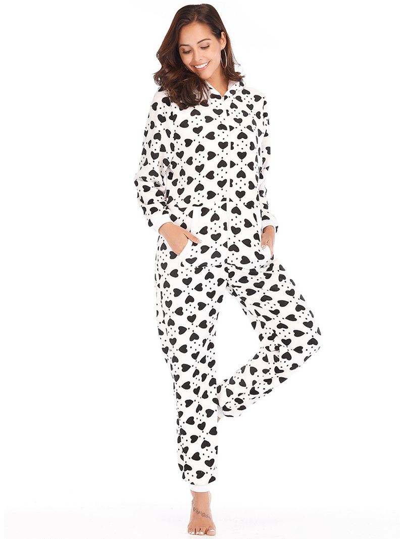 Flannel Hjerteprintet Hættetrøje Med Lynlås Foran Med Lommepyjamassæt