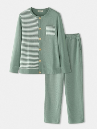 Herre 100% Bomuld Patchwork Button Up Loose Home Casual Pyjamas Sæt Med Lomme