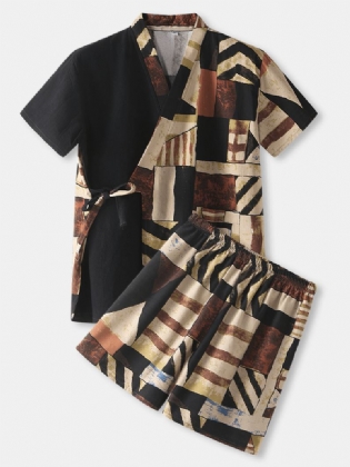 Herre Abstrakt Med Tryk Patchwork V-hals Pocket Pyjamas Sauna Suit