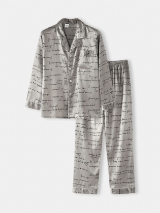 Herre Allover Slogan Med Tryk Flap Pocket Faux Silk Home Long Sleeve Lounge Pyjamas