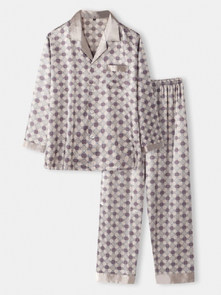 Herre Allover Udskrivning Is Silke Casual Løs Langærmet Home Lounge Pyjamas Sæt Med Lomme