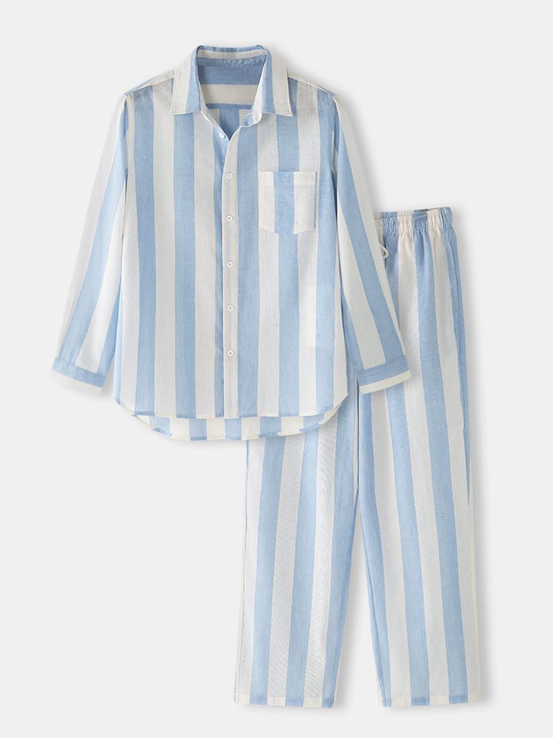 Herre Bomuld Basic Stribet Lapel Langærmet Løs Home Lounge Pyjamas Sæt