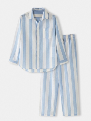 Herre Bomuld Basic Stribet Lapel Langærmet Løs Home Lounge Pyjamas Sæt