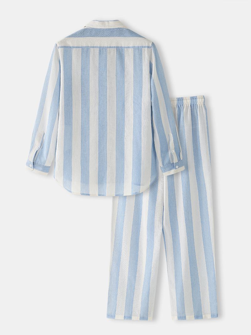 Herre Bomuld Basic Stribet Lapel Langærmet Løs Home Lounge Pyjamas Sæt