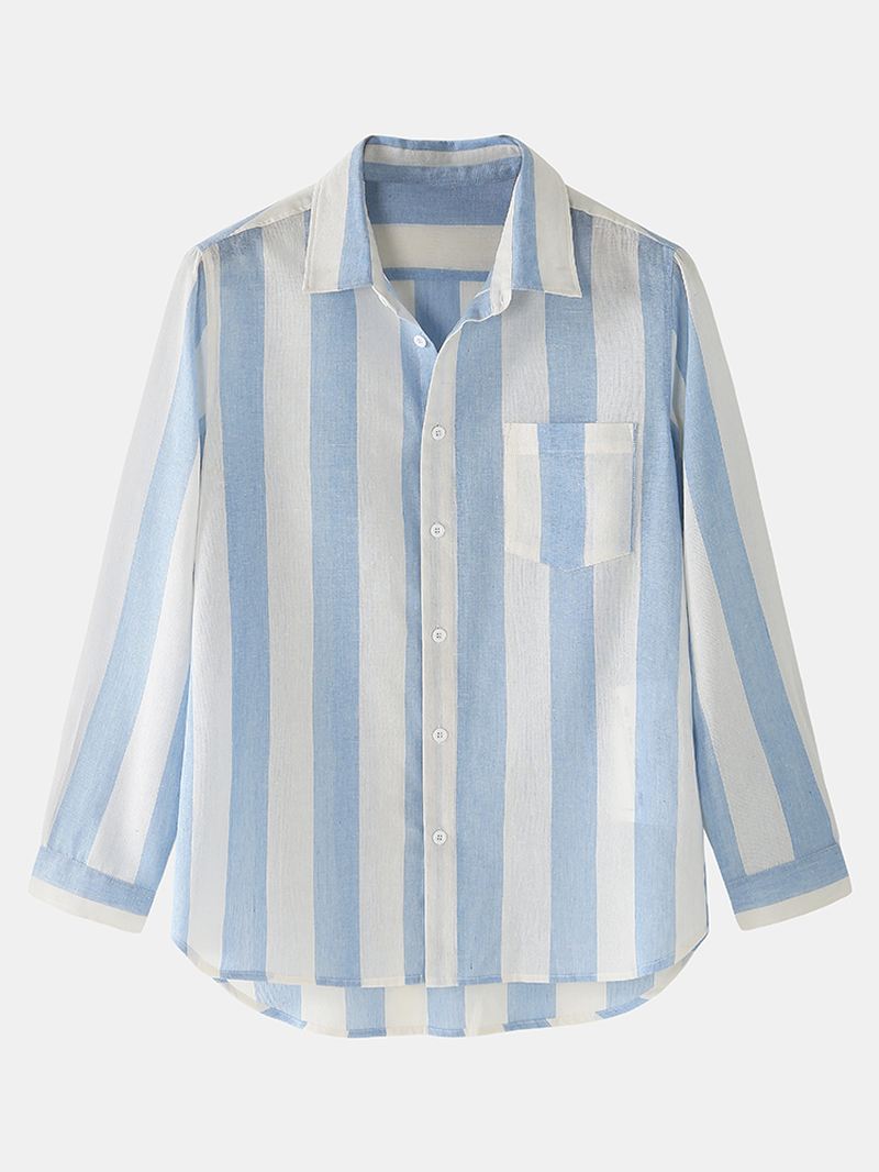 Herre Bomuld Basic Stribet Lapel Langærmet Løs Home Lounge Pyjamas Sæt