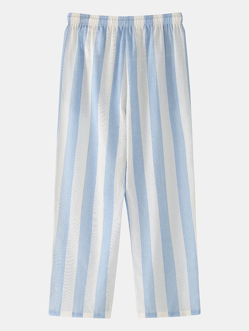 Herre Bomuld Basic Stribet Lapel Langærmet Løs Home Lounge Pyjamas Sæt