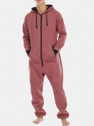 Herre Bomuld Solid Hooded Pocket Langærmet Home Jumpsuit Lynlås Nattøj