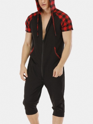 Herre Casual Bomuld Hætte Plaid Style Kortærmet Hjemme Jumpsuit