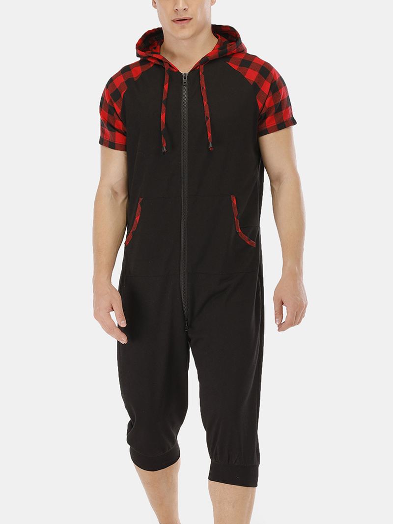 Herre Casual Bomuld Hætte Plaid Style Kortærmet Hjemme Jumpsuit