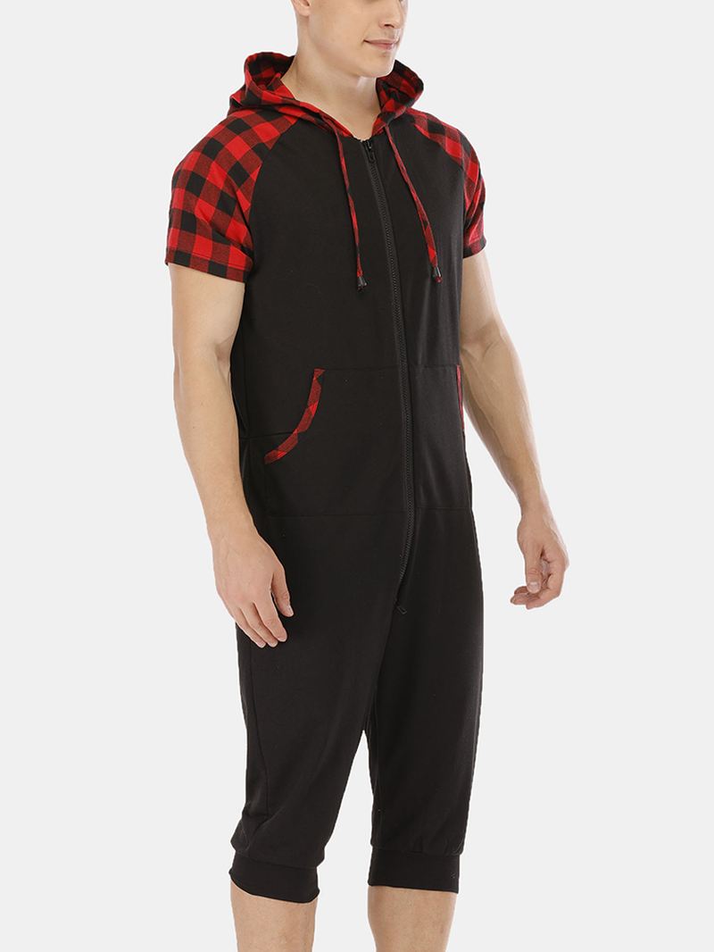 Herre Casual Bomuld Hætte Plaid Style Kortærmet Hjemme Jumpsuit