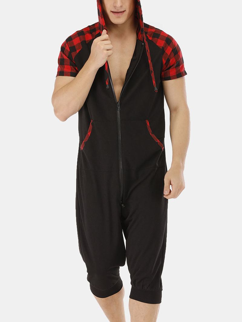 Herre Casual Bomuld Hætte Plaid Style Kortærmet Hjemme Jumpsuit