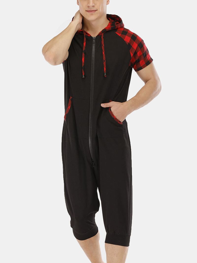 Herre Casual Bomuld Hætte Plaid Style Kortærmet Hjemme Jumpsuit
