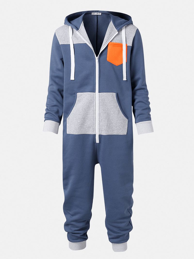 Herre Color Block Patchwork Lynlås Hætte Jumpsuit Hjem Casual Nattøj Onesies