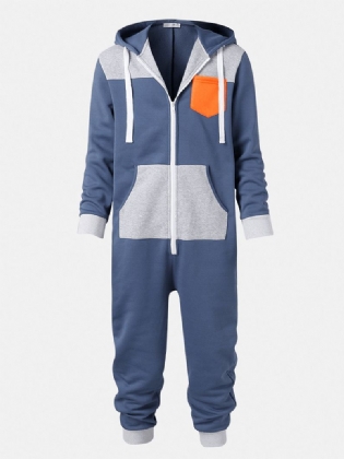 Herre Color Block Patchwork Lynlås Hætte Jumpsuit Hjem Casual Nattøj Onesies