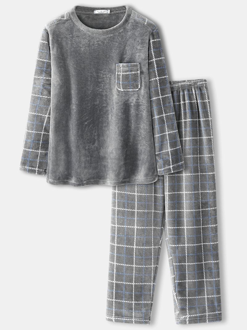 Herre Flanell Plaid Patchwork Pullover Warm Thicken Loose Pants Hjemmepyjamassæt