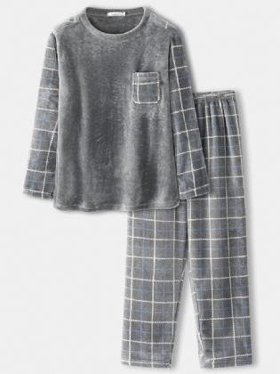 Herre Flanell Plaid Patchwork Pullover Warm Thicken Loose Pants Hjemmepyjamassæt