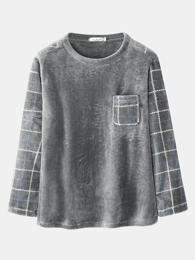Herre Flanell Plaid Patchwork Pullover Warm Thicken Loose Pants Hjemmepyjamassæt