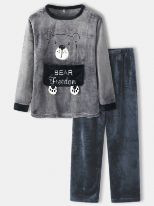 Herre Flannel Tegneserie Bjørn Brev Mønster Rund Hals Tyk Hjem Pyjamas Sæt