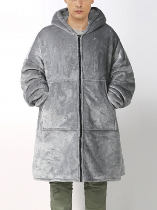 Herre Flannel Varm Blød Ensfarvet Lynlås Kængurulomme Tæppe Hættetrøje Oversized Hjemmekåbe
