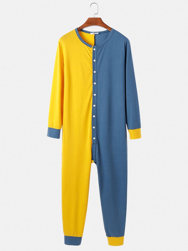 Herre Kontrastfarve Patchwork Jumpsuit Med Knap Opad Rund Hals Home Lounge One-piece Pyjamas
