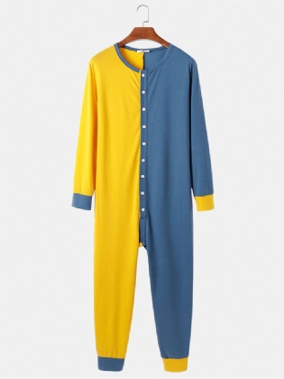 Herre Kontrastfarve Patchwork Jumpsuit Med Knap Opad Rund Hals Home Lounge One-piece Pyjamas