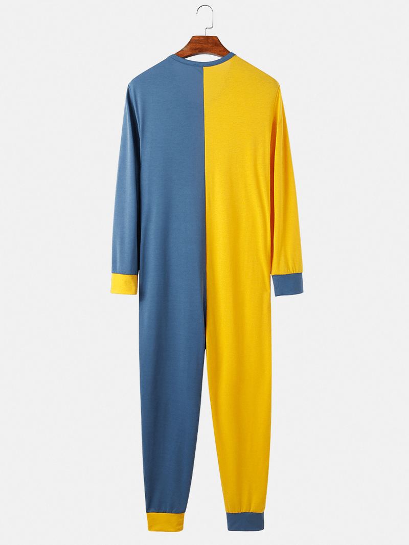 Herre Kontrastfarve Patchwork Jumpsuit Med Knap Opad Rund Hals Home Lounge One-piece Pyjamas