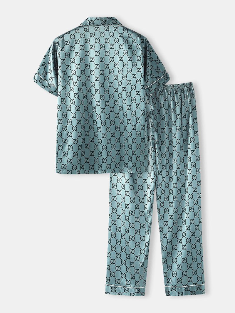 Herre Med Tryk Imiteret Silke Brystlomme Kortærmet Elastisk Talje Tyndt Hjemmepyjamassæt