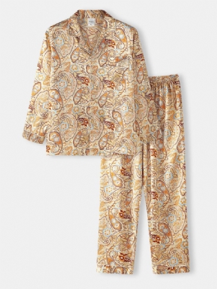 Herre Paisley Med Tryk Etnisk Stil Flap Pocket Langærmet Hjem Casual Pyjamas Sæt