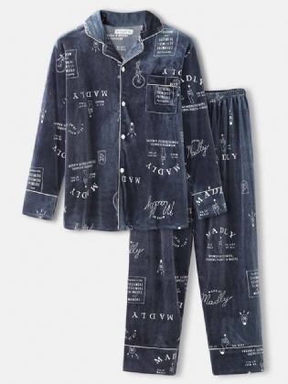 Herre Simple Graffiti Letter Med Tryk Skjorte Elastiske Taljebukser Velvet Warm Home Pyjamas Set