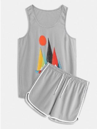 Herre Sjove Geometriske Blok Med Tryk Nattøj Tanktop Elastiske Talje Shorts Hjemme Pyjamas Sæt