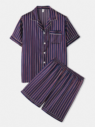 Herre Stribet Glat Revere Krave Lomme Button Up Hjem Faux Silk Pyjamas Sæt