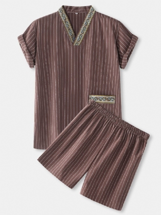Herre Stribet V-hals Etnisk Stil Bomuld Afslappet Kort Loungewear Sæt