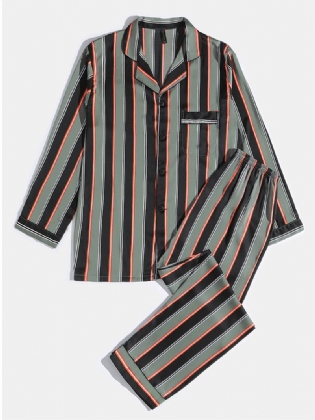 Herre Stripe Med Tryk Lapel Langærmet Skjorte Elastisk Taljebukser Hjemmepyjamassæt