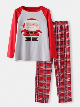 Herre Tegneserie Julemand Med Tryk Raglan Sleeve Løse Plaid Bukser Home Lounge Pyjamas Sæt