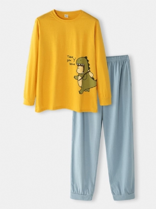 Herre Tegneserie Med Tryk Løs Åndbar Langærmet Elastisk Talje Hjemmepyjamas Sæt