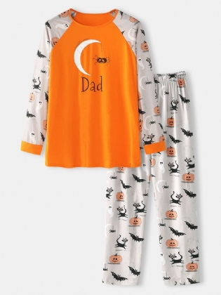 Herre Tegneserie Med Tryk Patchwork Rund Hals Løs Langærmet Afslappet Hjem Pyjamas Sæt