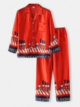 Herre Tegneserie Soldat Med Tryk Teksttape Faux Silke Home Casual Pyjamas Sæt Med Flap Lomme