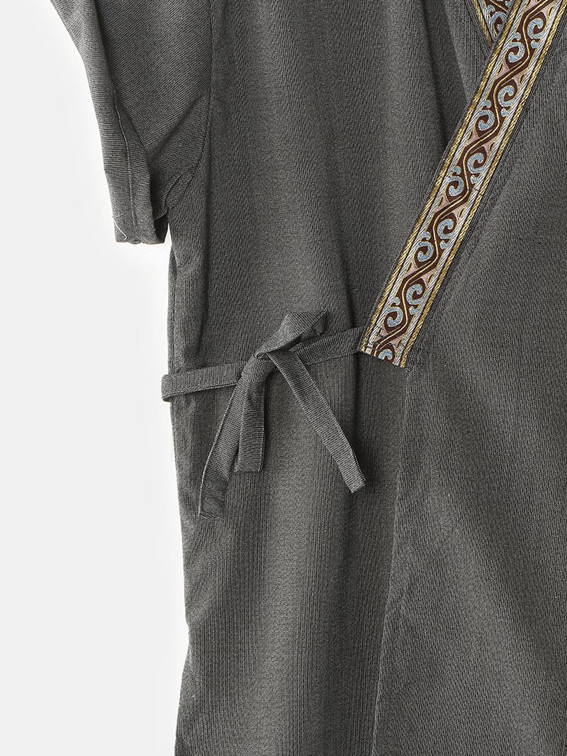 Herre Vintage Mønster V-hals Tie Side Kimono Bomuld Løs Kort Loungewear Sæt