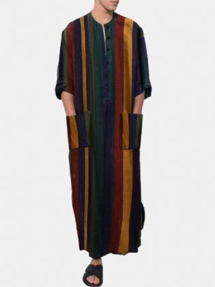 Herre Vintage Multi-farve Stribet Med Tryk Button Up Home Casual Langærmede Rober Med Lommer