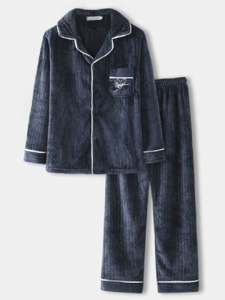Herre Vinter Tyk Flannel Revers Langærmet Hjemmetøj Varm Pyjamas Sæt