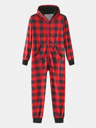 Klassisk Plaidprint For Mænd Med Langærmet Lynlås Hættedragt Til Hjemmets Pyjamas