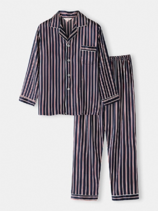 Klassisk Stribet Revere Krave Langærmet Elastisk Talje Ice Silk Home Casual Pyjamassæt