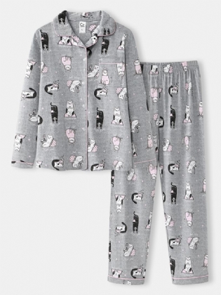 Kvinder Allover Tegneserie Katte Med Tryk Lapel Langærmet Bomuld Loungewear Hjem Pyjamas Sæt