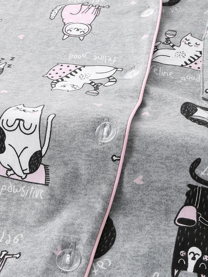 Kvinder Allover Tegneserie Katte Med Tryk Lapel Langærmet Bomuld Loungewear Hjem Pyjamas Sæt