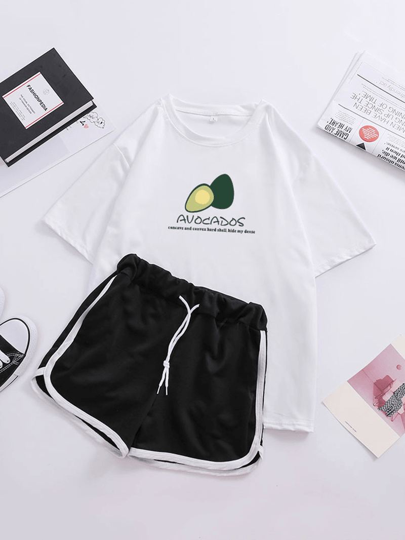 Kvinder Avocado Med Tryk Pyjamas Kort Sæt Snøre Sports Shorts Loungewear