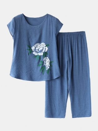 Kvinder Blomster Med Tryk Plus Størrelse Pyjamas Løst Kortærmet Loungewear