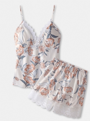 Kvinder Blomsterprint Blonde Trim Hjem Glat Vest Pyjamas Sæt