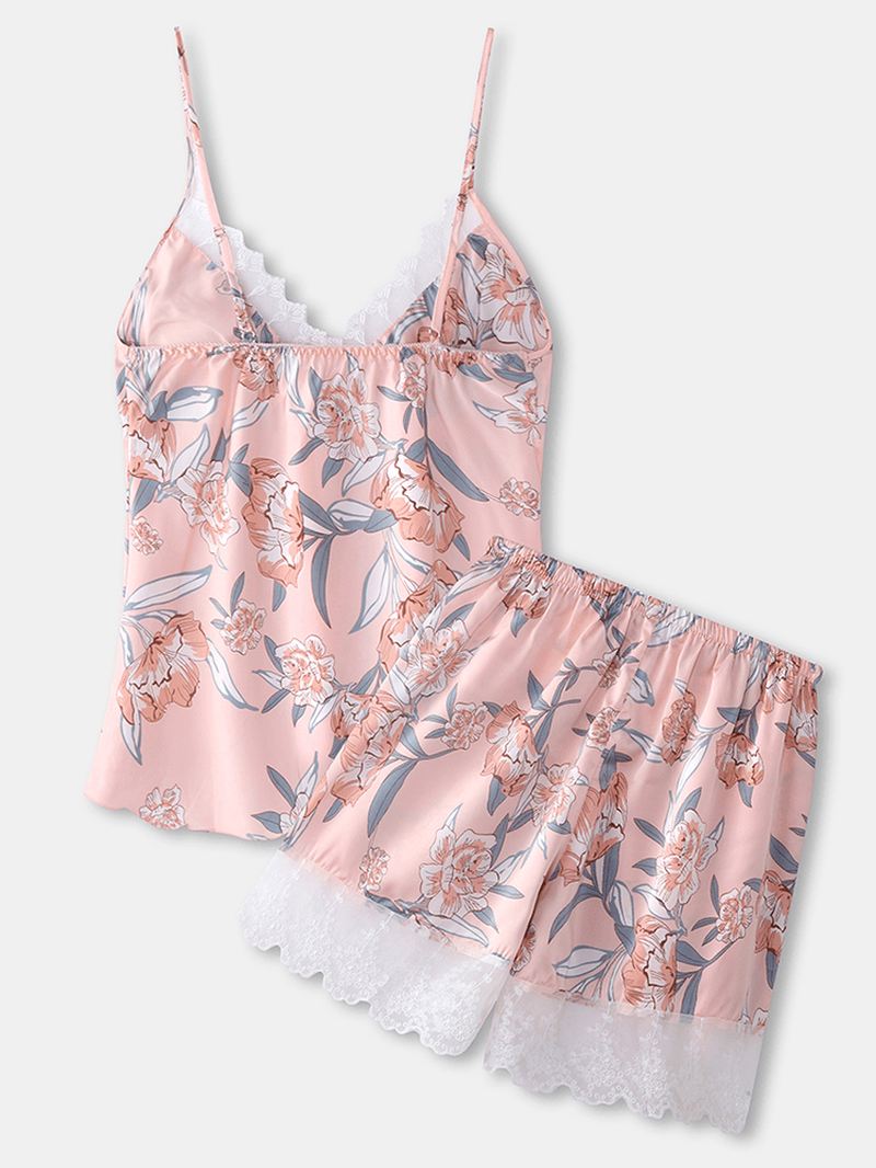 Kvinder Blomsterprint Blonde Trim Hjem Glat Vest Pyjamas Sæt