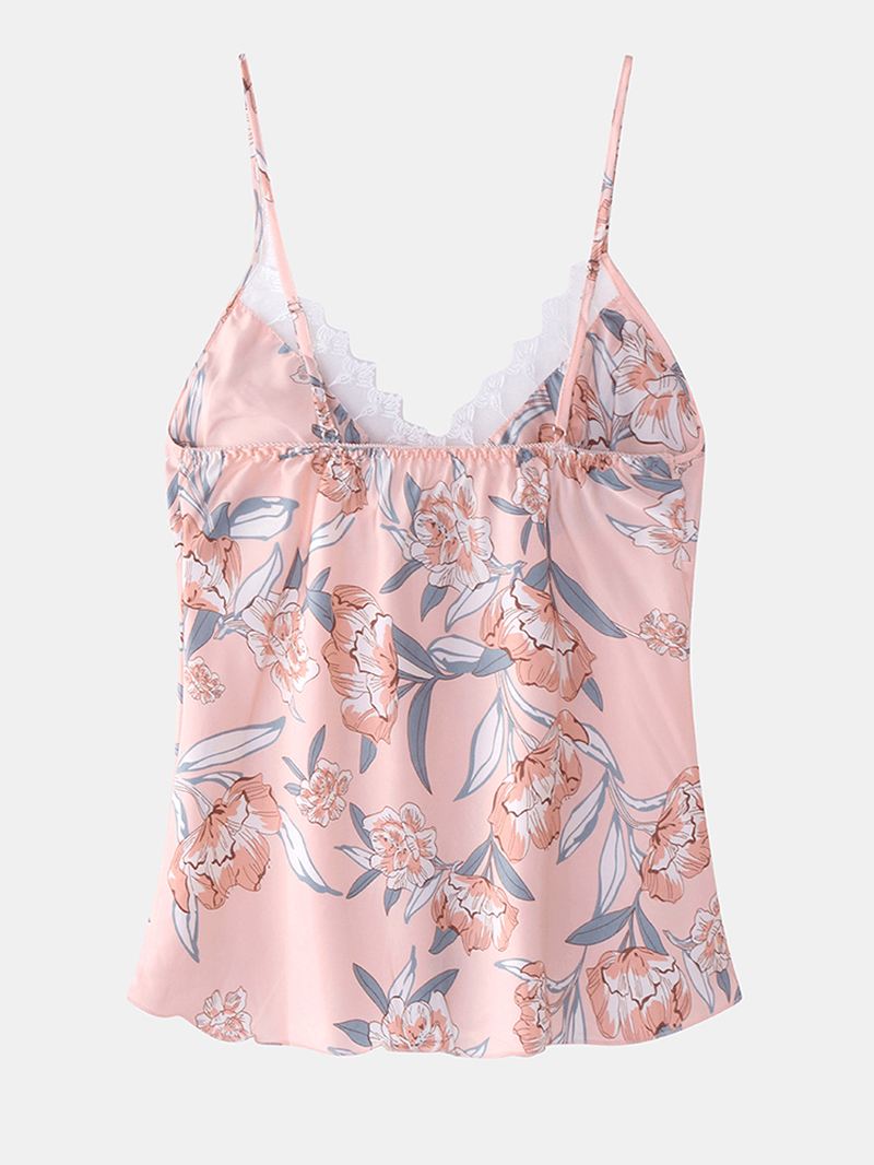 Kvinder Blomsterprint Blonde Trim Hjem Glat Vest Pyjamas Sæt