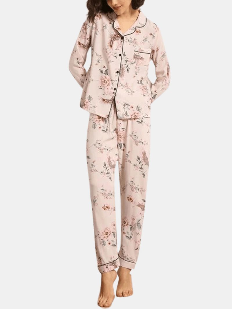Kvinder Blomsterprint Camp Krave Brystlomme Langærmet Skjorte & Bukser Hjemmepyjamas Sæt